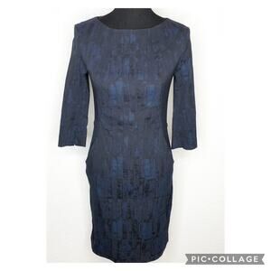 MM Lafleur black and navy graphic sheath dress size 2